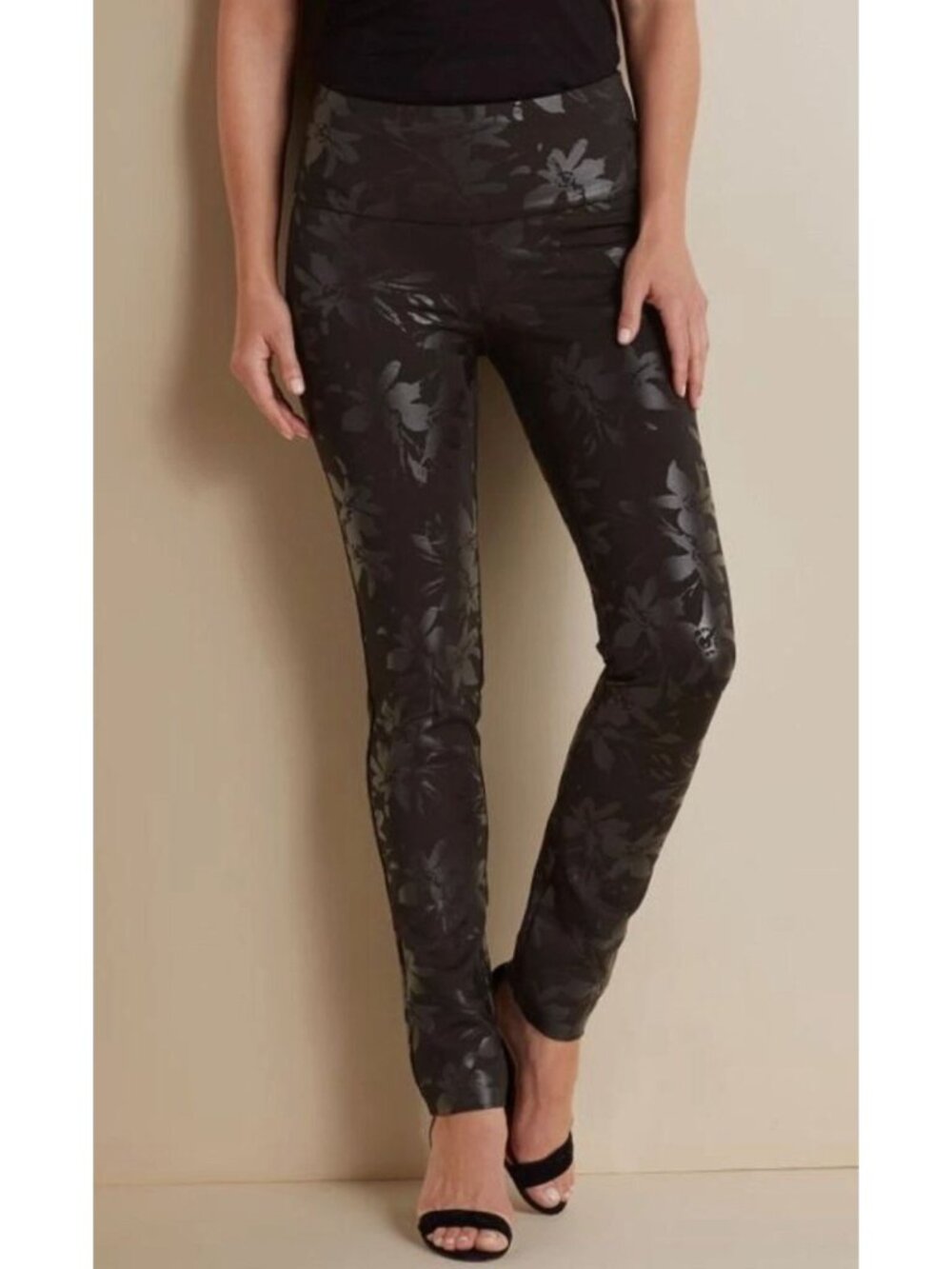 Soft Surroundings Black Floral Twilight Leggings‎ Stretch Pants Size L Shiny